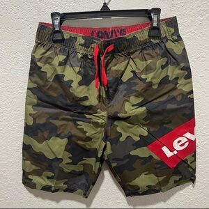 Levi's NWT Green Camouflage Print Logo Drawstring Waist Swim Trunks